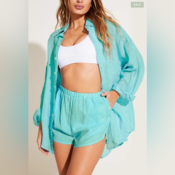 NWT Vitamin A Size Large Blue Top Button Front Aqua Linen Mother of Pearl Button - Picture 2 of 7